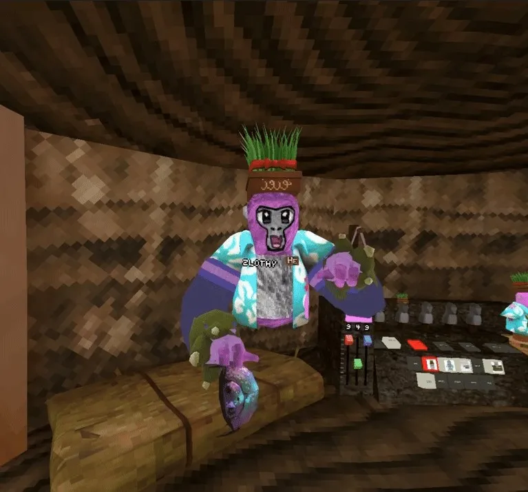 Third-person view of a purple gorilla avatar in Gorilla Tag, enabled by the Walk Simulator mod's camera settings.