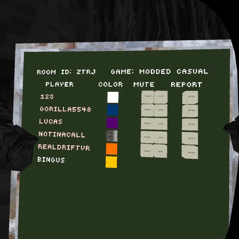 First-person view holding the portable Oculus Report Menu leaderboard mod in a Gorilla Tag modded casual lobby.